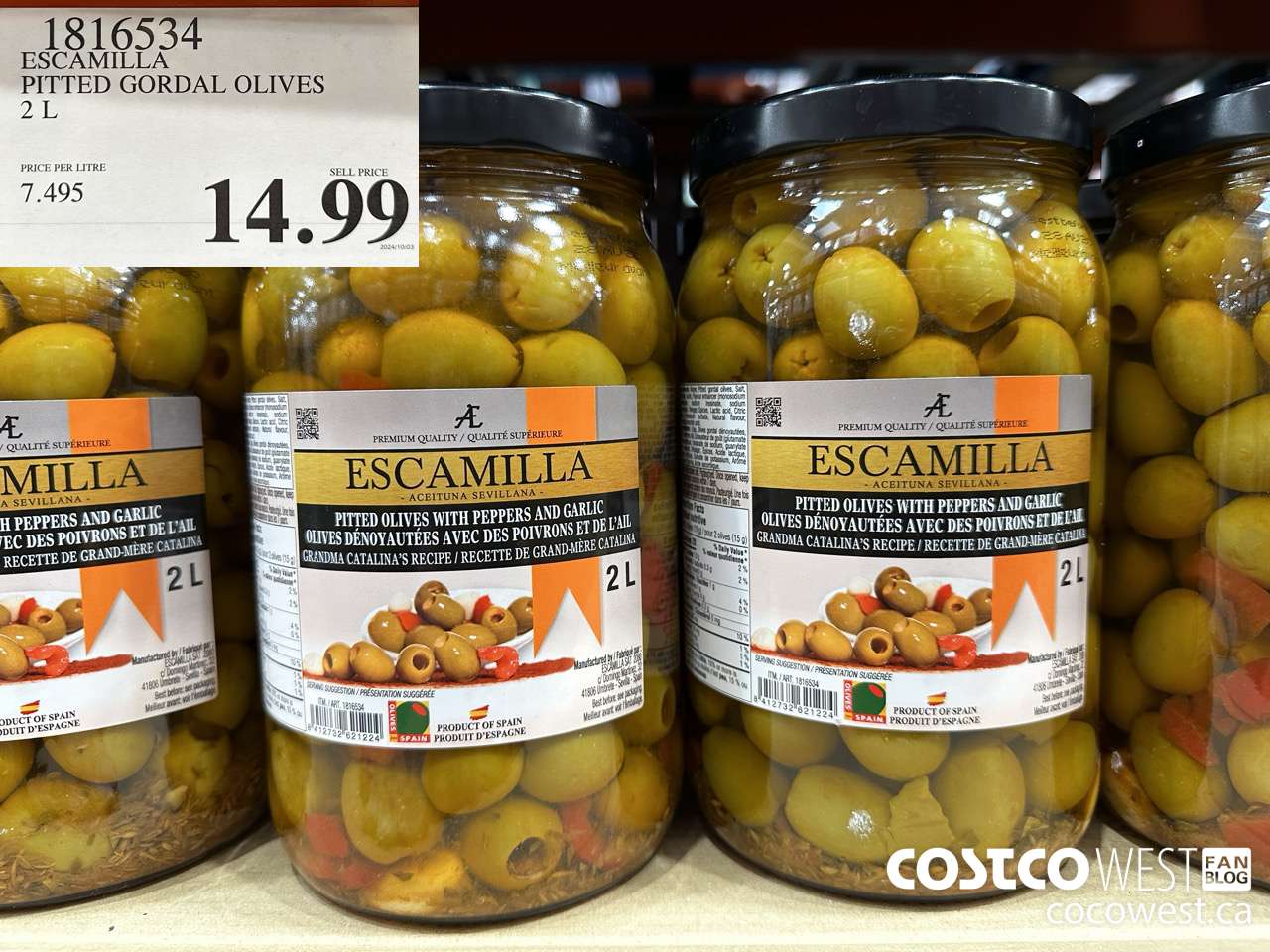 1816534 ESCAMILLA PITTED GORDAL OLIVES 2L $14.99