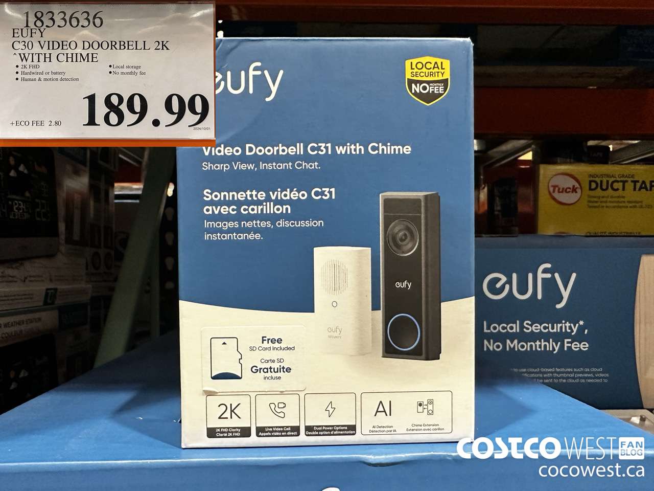 1833636 EUFY C30 VIDEO DOORBELL 2K WITH CHIME $189.99
