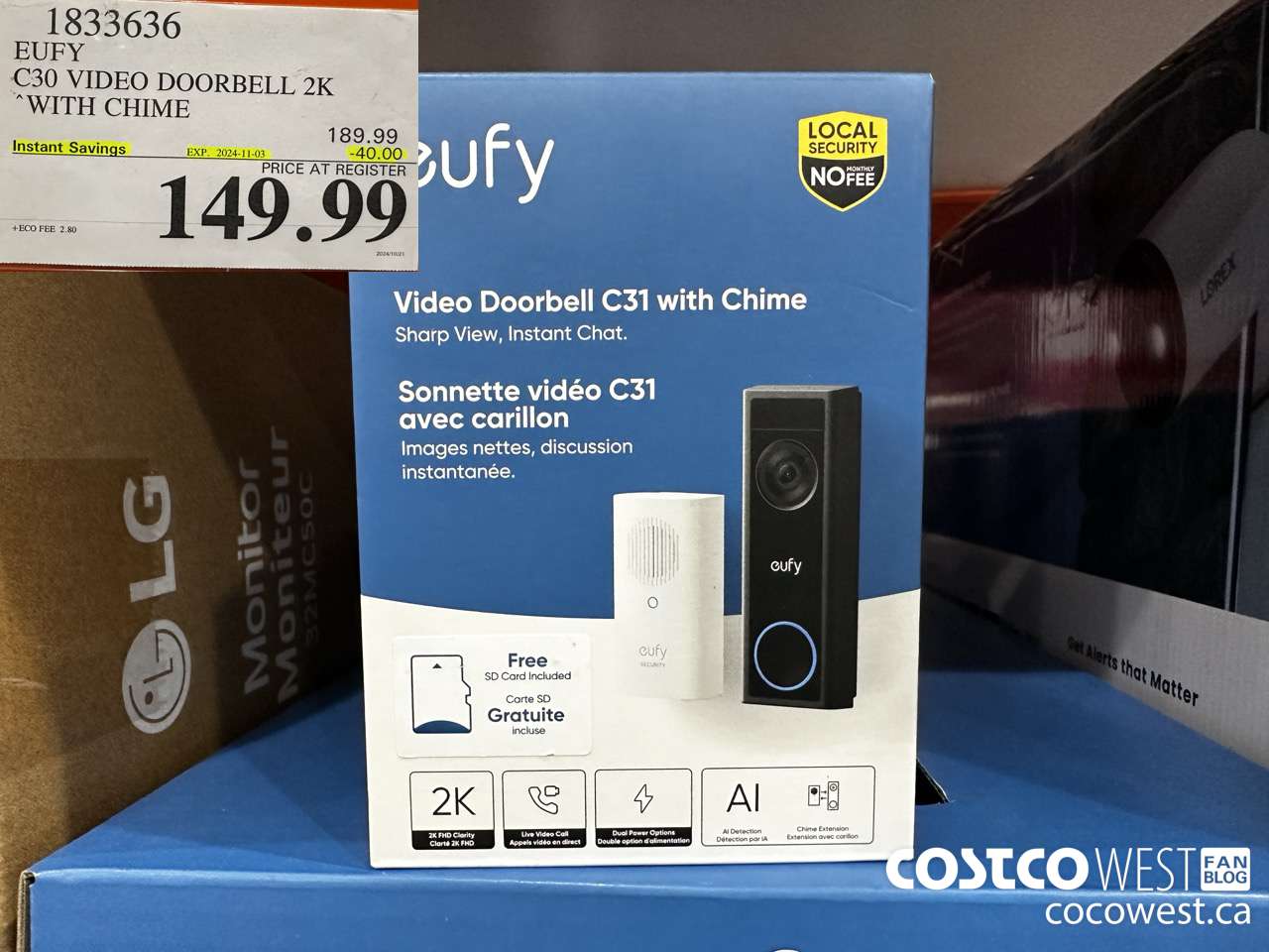 1833636 EUFY C30 VIDEO DOORBELL 2K WITH CHIME ($40.00 INSTANT SAVINGS EXPIRES ON 2024-11-03) $149.99