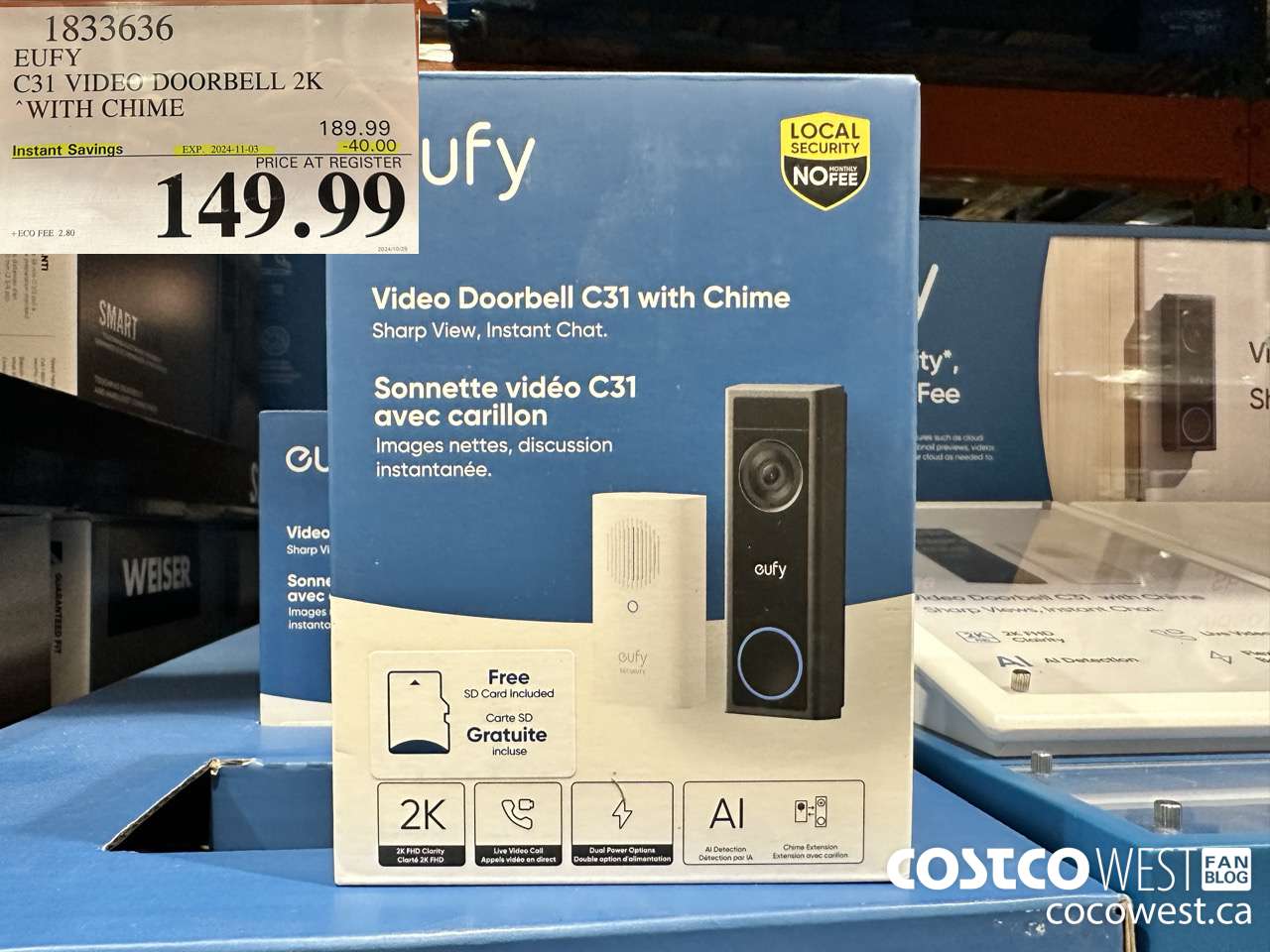 1833636 EUFY C30 VIDEO DOORBELL 2K WITH CHIME ($40.00 INSTANT SAVINGS EXPIRES ON 2024-11-03) $149.99