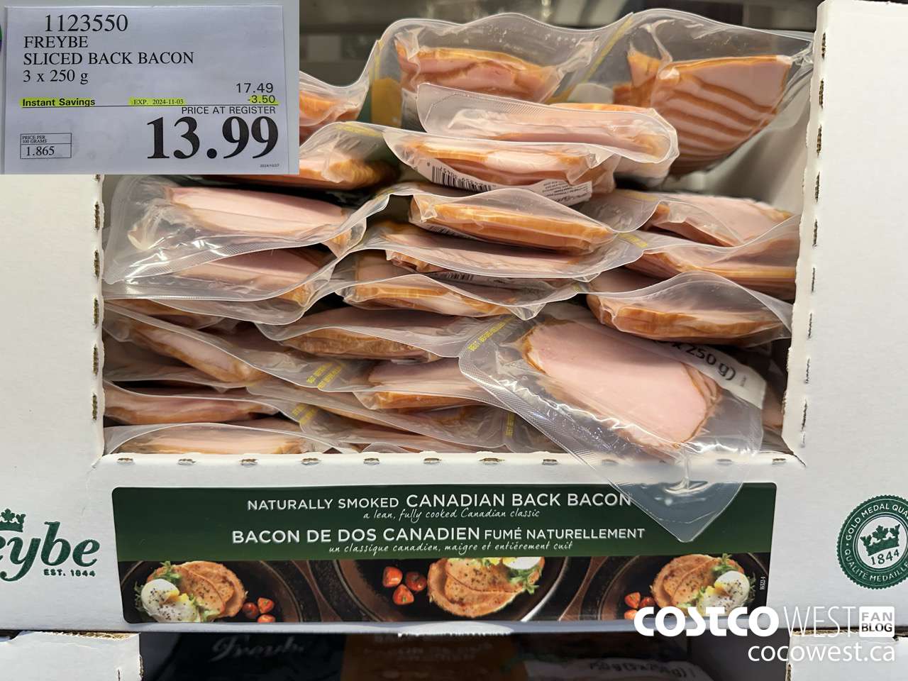 1123550 FREYBE SLICED BACK BACON 3 x 250 g ($3.50 INSTANT SAVINGS EXPIRES ON 2024-11-03) $13.99