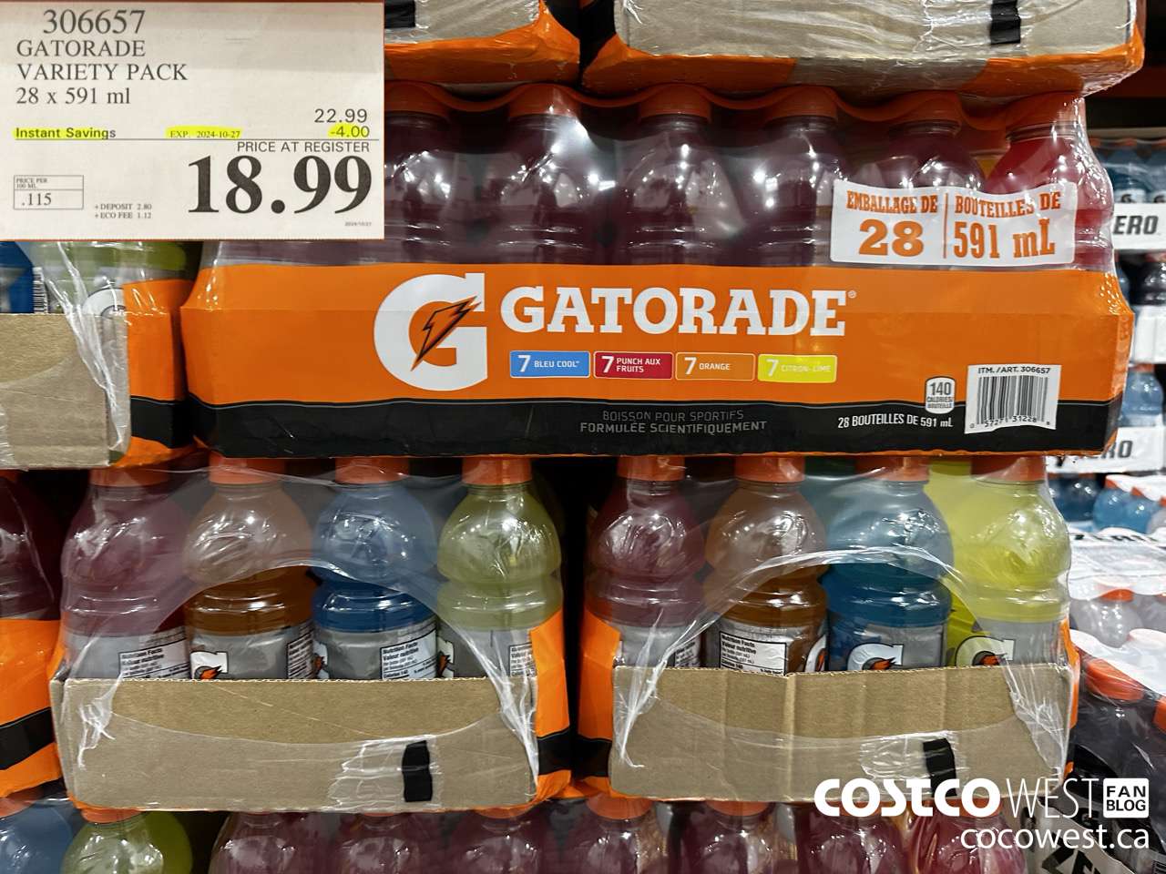 306657 GATORADE VARIETY PACK 28 x 591 ml ($4.00 INSTANT SAVINGS EXPIRES ON 2024-10-27) $18.99
