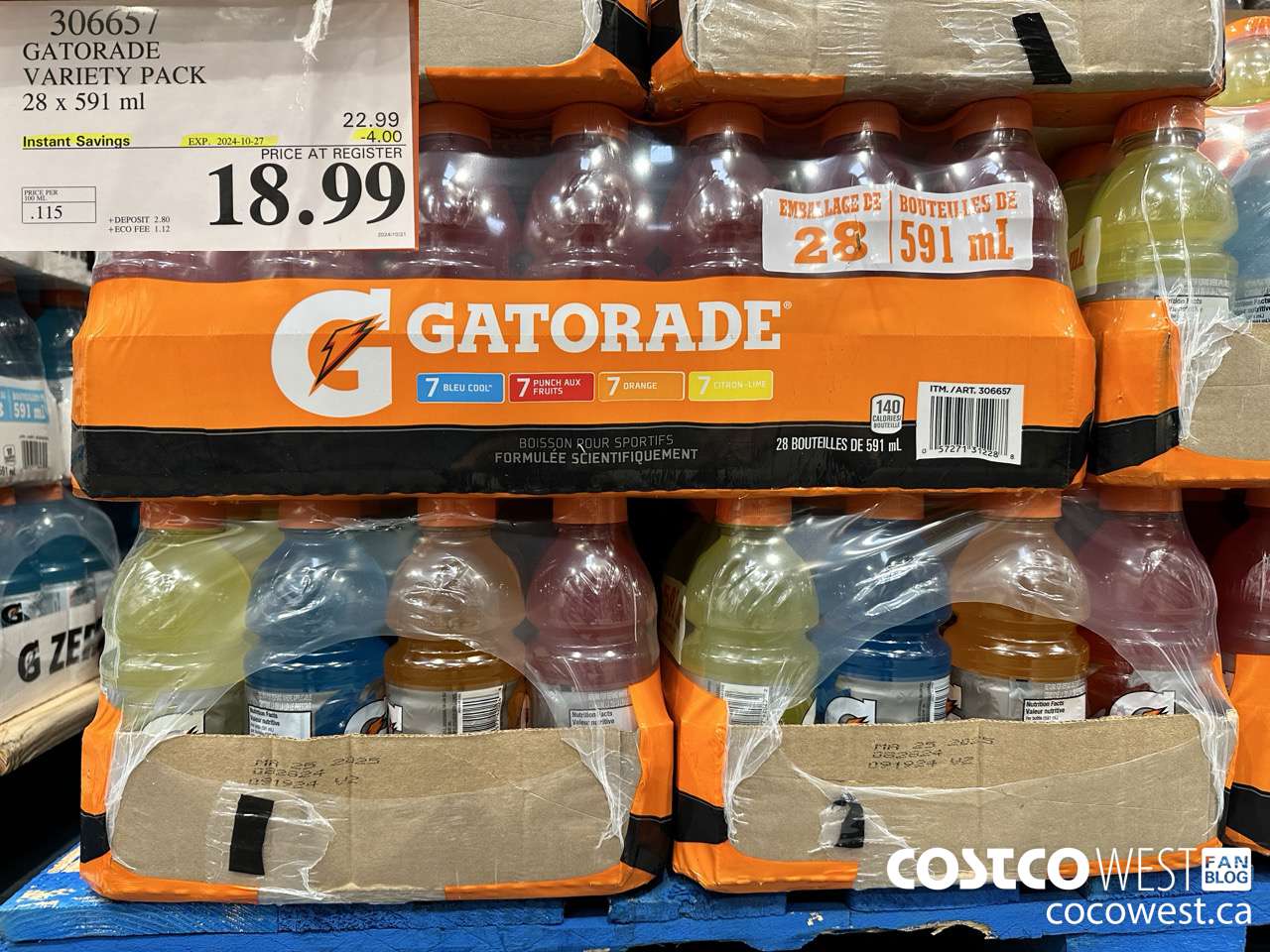 306657 GATORADE VARIETY PACK 28 x 591 ml ($4.00 INSTANT SAVINGS EXPIRES ON 2024-10-27) $18.99