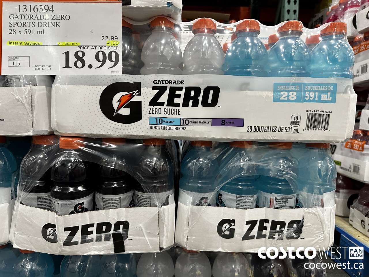 1316394 GATORADE ZERO SPORTS DRINK 28 X 591ML ($4.00 INSTANT SAVINGS EXPIRES ON 2024-10-27) $18.99