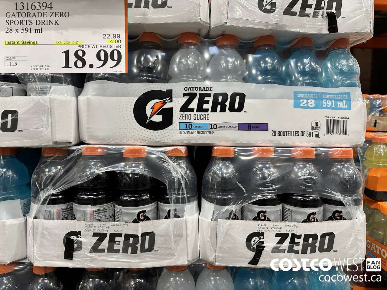 1316394 GATORADE ZERO SPORTS DRINK 28 X 591ML ($4.00 INSTANT SAVINGS EXPIRES ON 2024-10-27) $18.99