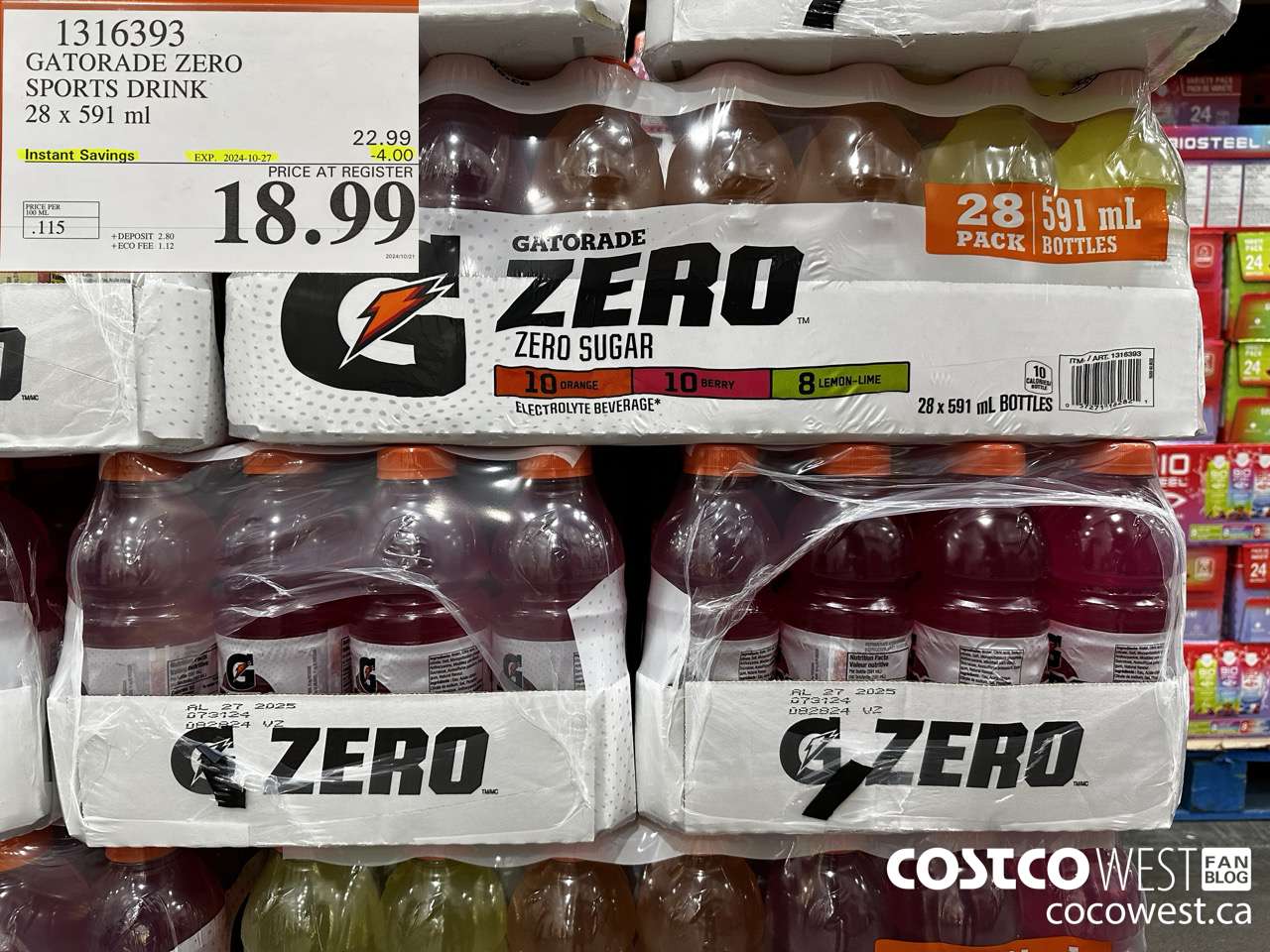 1316393 GATORADE ZERO SPORTS DRINK 28 x 591 ml ($4.00 INSTANT SAVINGS EXPIRES ON 2024-10-27) $18.99