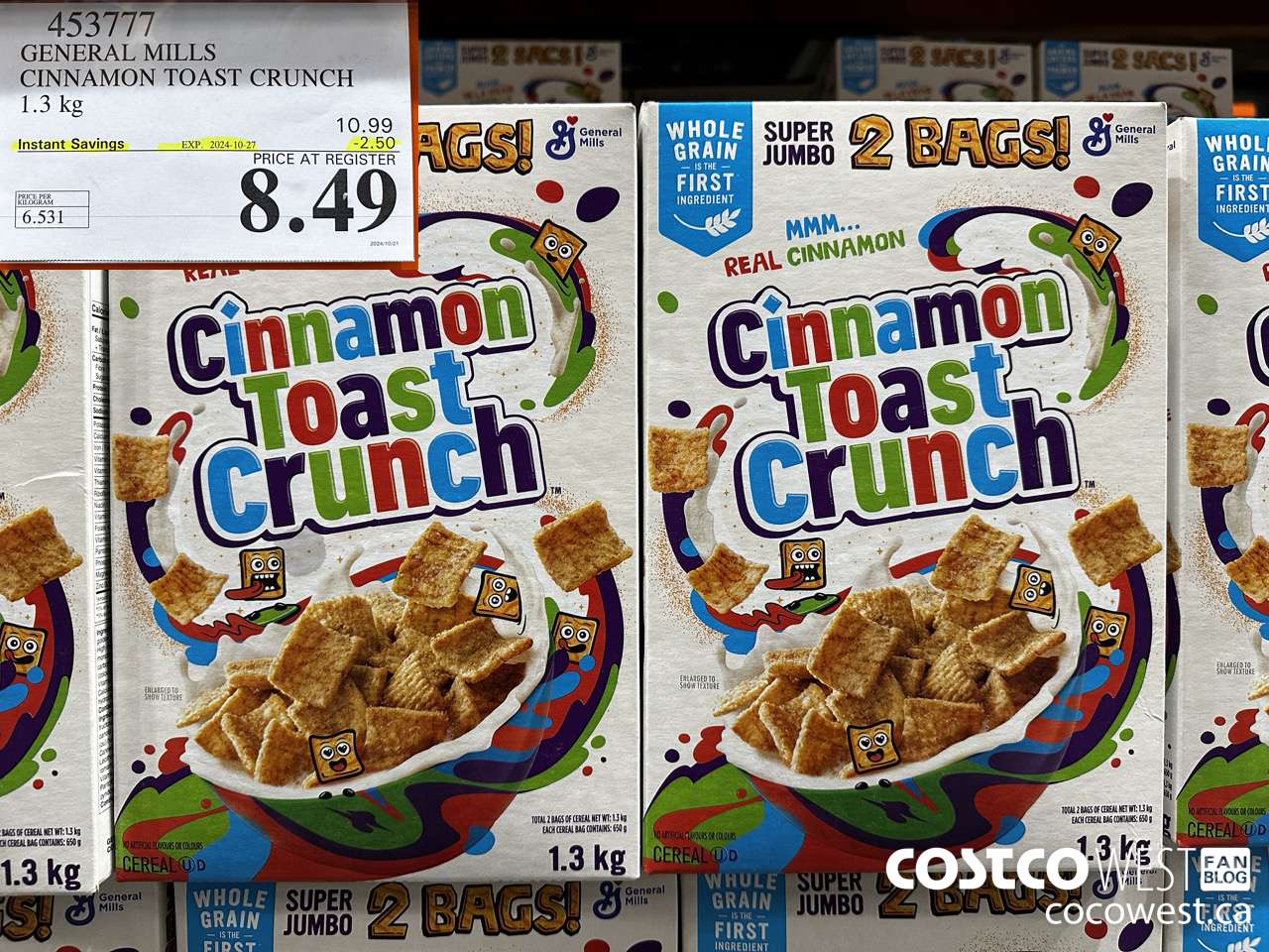 453777 GENERAL MILLS CINNAMON TOAST CRUNCH 1.3 kg ($2.50 INSTANT SAVINGS EXPIRES ON 2024-10-27) $8.49