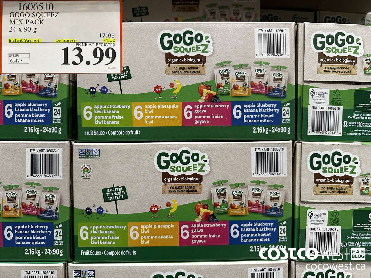 1606510 GOGO SQUEEZ ORGANIC MIX PACK 24 X 90 G ($4.00 INSTANT SAVINGS EXPIRES ON 2024-10-27) $13.99