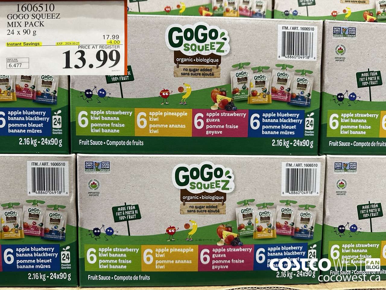 1606510 GOGO SQUEEZ ORGANIC MIX PACK 24 X 90 G ($4.00 INSTANT SAVINGS EXPIRES ON 2024-10-27) $13.99