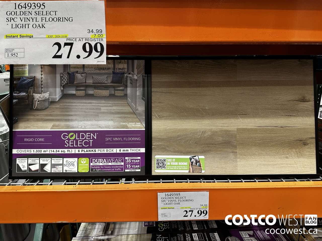 1649395 GOLDEN SELECT SPC VINYL FLOORING LIGHT OAK ($7.00 INSTANT SAVINGS EXPIRES ON 2024-10-06) $27.99