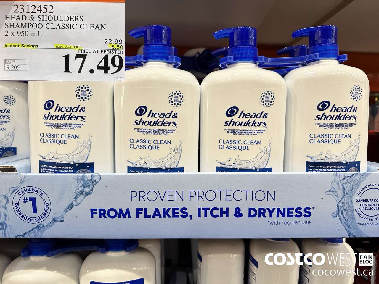 2312452 HEAD & SHOULDERS SHAMPOO CLASSIC CLEAN 2 X 950 ML ($5.50 INSTANT SAVINGS EXPIRES ON 2024-11-03) $17.49