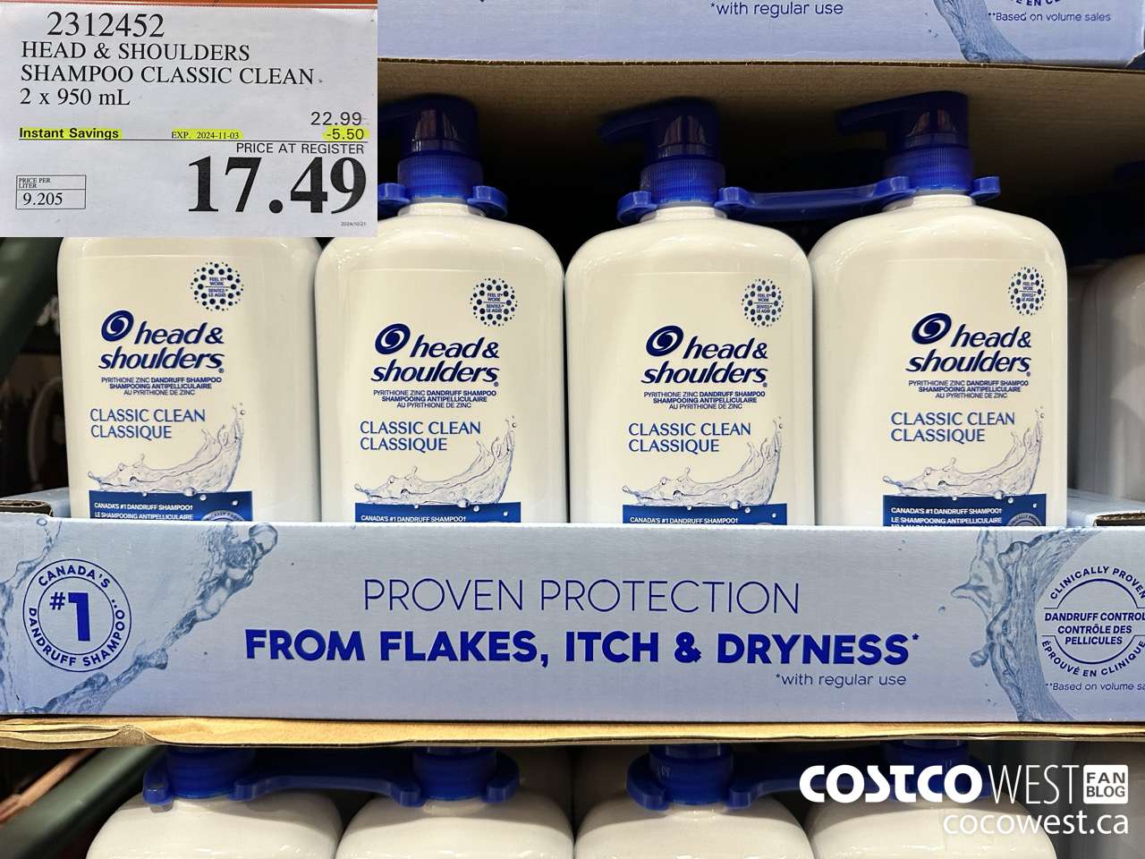 2312452 HEAD & SHOULDERS SHAMPOO CLASSIC CLEAN 2 X 950 ML ($5.50 INSTANT SAVINGS EXPIRES ON 2024-11-03) $17.49