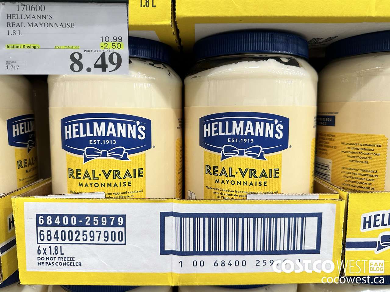 170600 HELLMANN'S REGULAR MAYONNAISE 1.8 L ($2.50 INSTANT SAVINGS EXPIRES ON 2024-11-10) $8.49