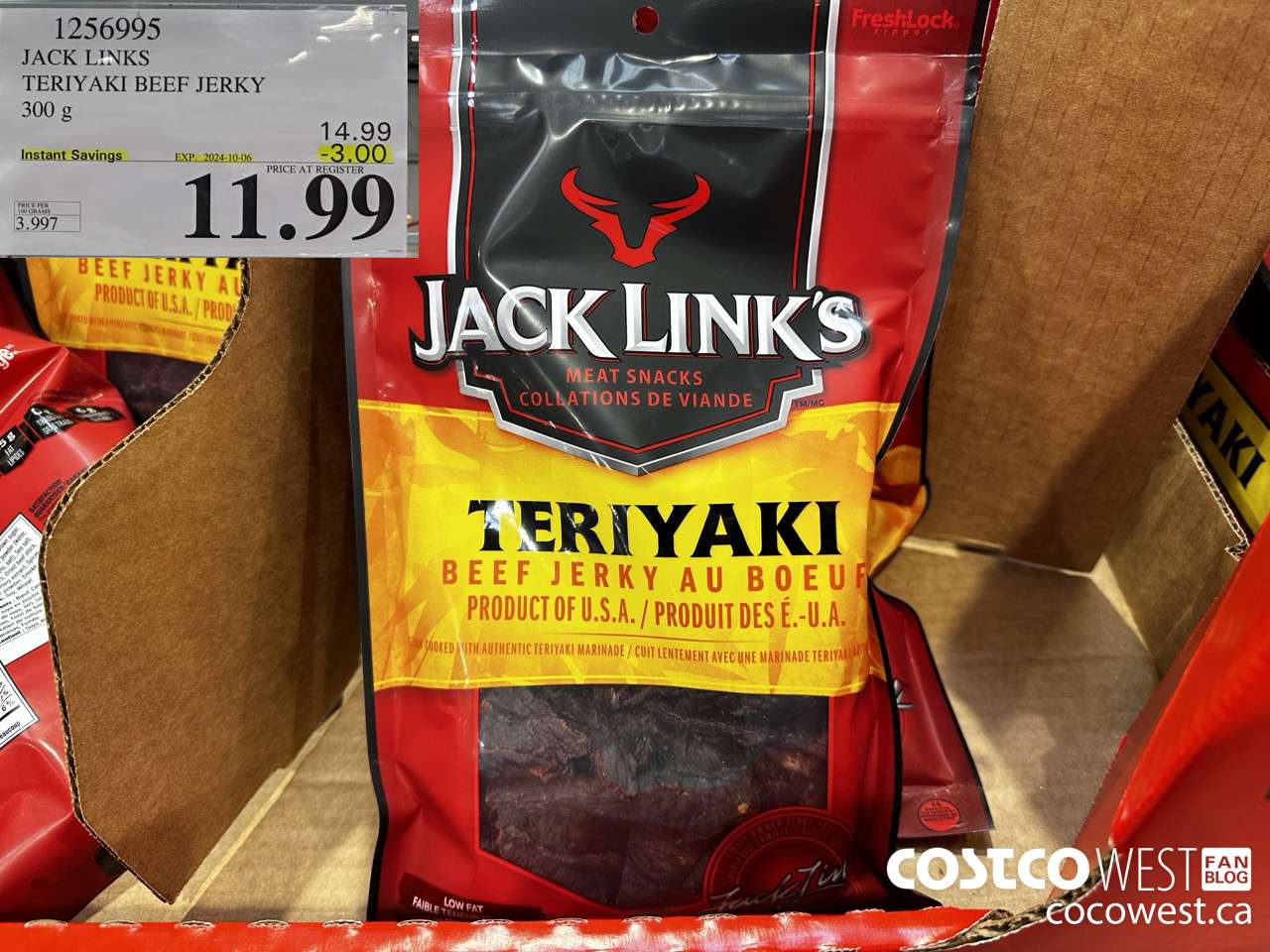 1256995 JACK LINKS TERIYAKI BEEF JERKY 300g ($3.00 INSTANT SAVINGS EXPIRES ON 2024-10-06) $11.99