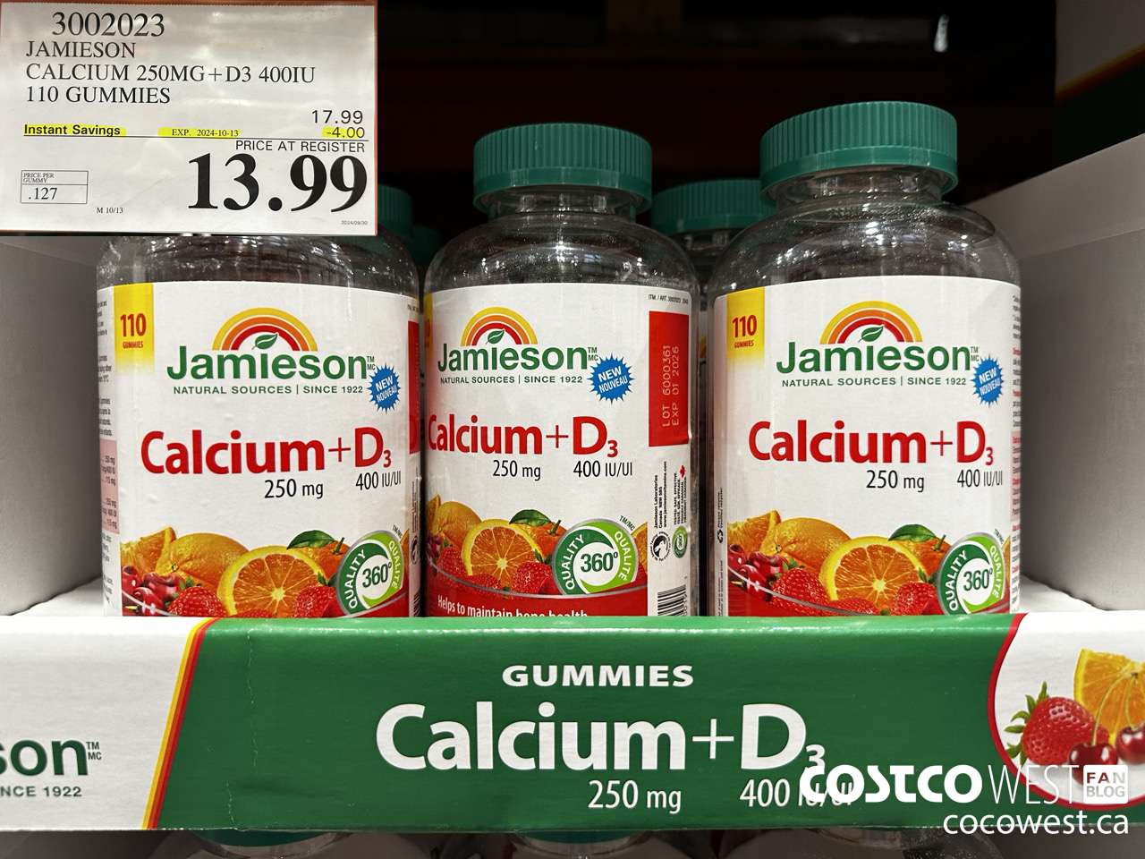 3002023 JAMIESON CALCIUM 250MG + D3 400IU 110 GUMMIES ($4.00 INSTANT SAVINGS EXPIRES ON 2024-10-13) $13.99