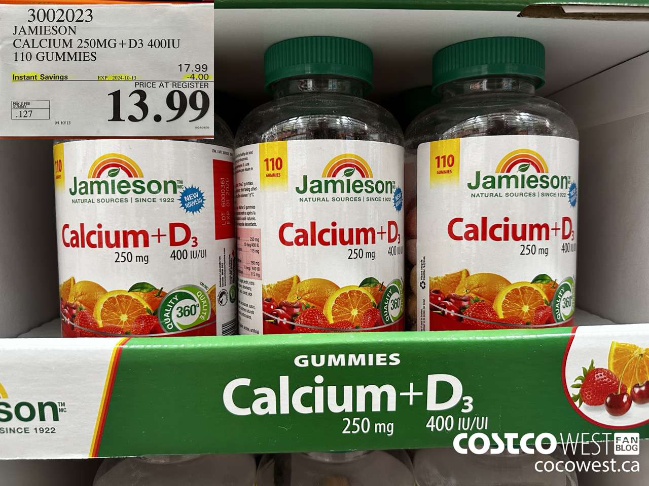 3002023 JAMIESON CALCIUM 250MG + D3 400IU 110 GUMMIES ($4.00 INSTANT SAVINGS EXPIRES ON 2024-10-13) $13.99