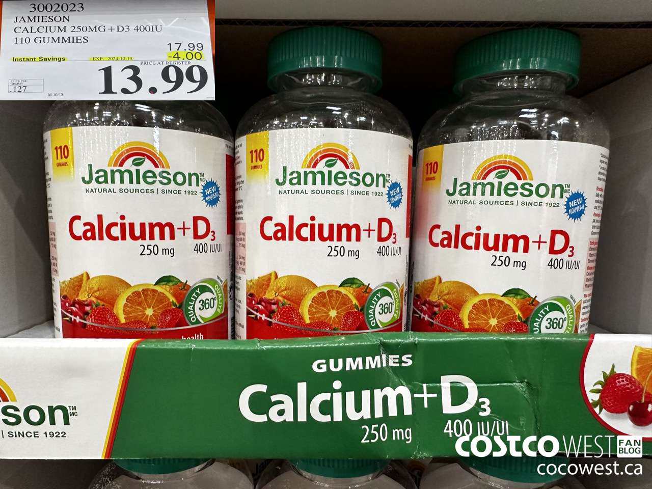 3002023 JAMIESON CALCIUM 250MG + D3 400IU 110 GUMMIES ($4.00 INSTANT SAVINGS EXPIRES ON 2024-10-13) $13.99