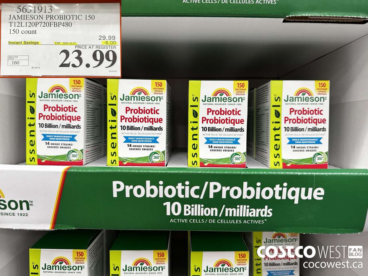 5651913 JAMIESON PROBIOTIC 150 T12L120P720FBP480 150 COUNT ($6.00 INSTANT SAVINGS EXPIRES ON 2024-10-27) $23.99