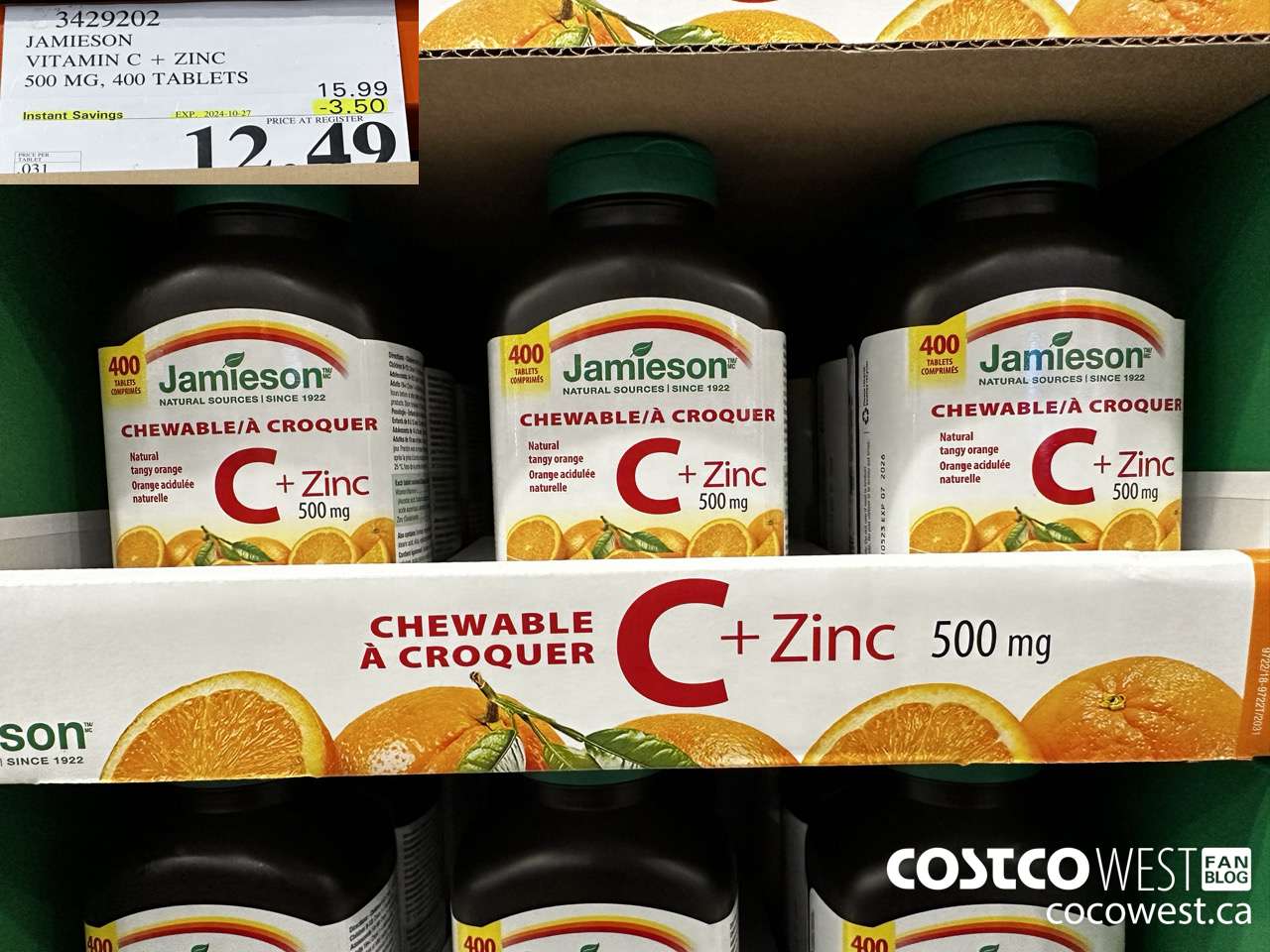 3429202 JAMIESON VITAMIN C+ZINC 500MG 400 TABLET ($3.50 INSTANT SAVINGS EXPIRES ON 2024-10-27) $12.49