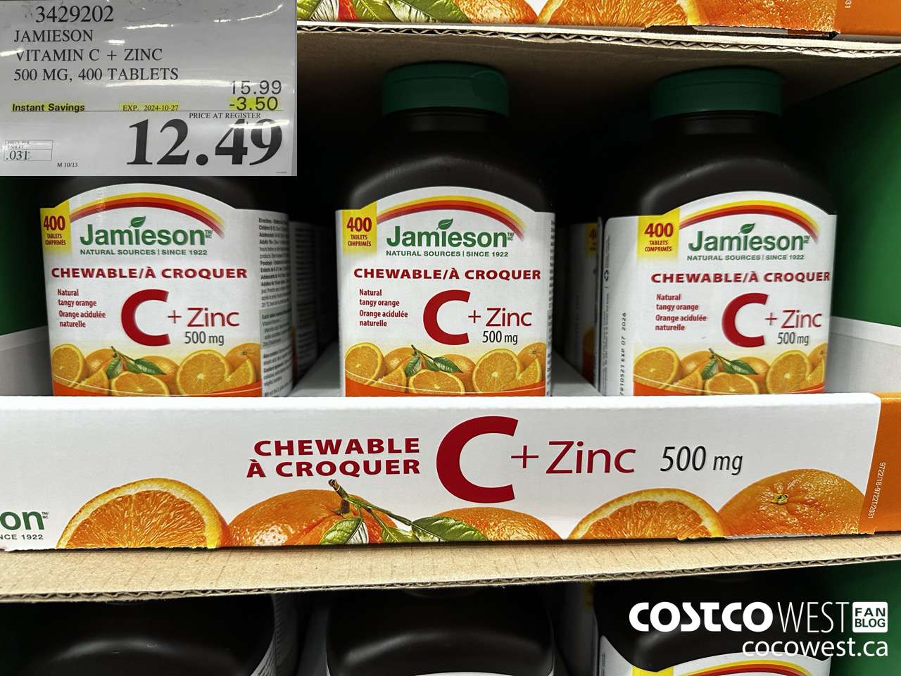 3429202 JAMIESON VITAMIN C+ZINC 500MG 400 TABLET ($3.50 INSTANT SAVINGS EXPIRES ON 2024-10-27) $12.49