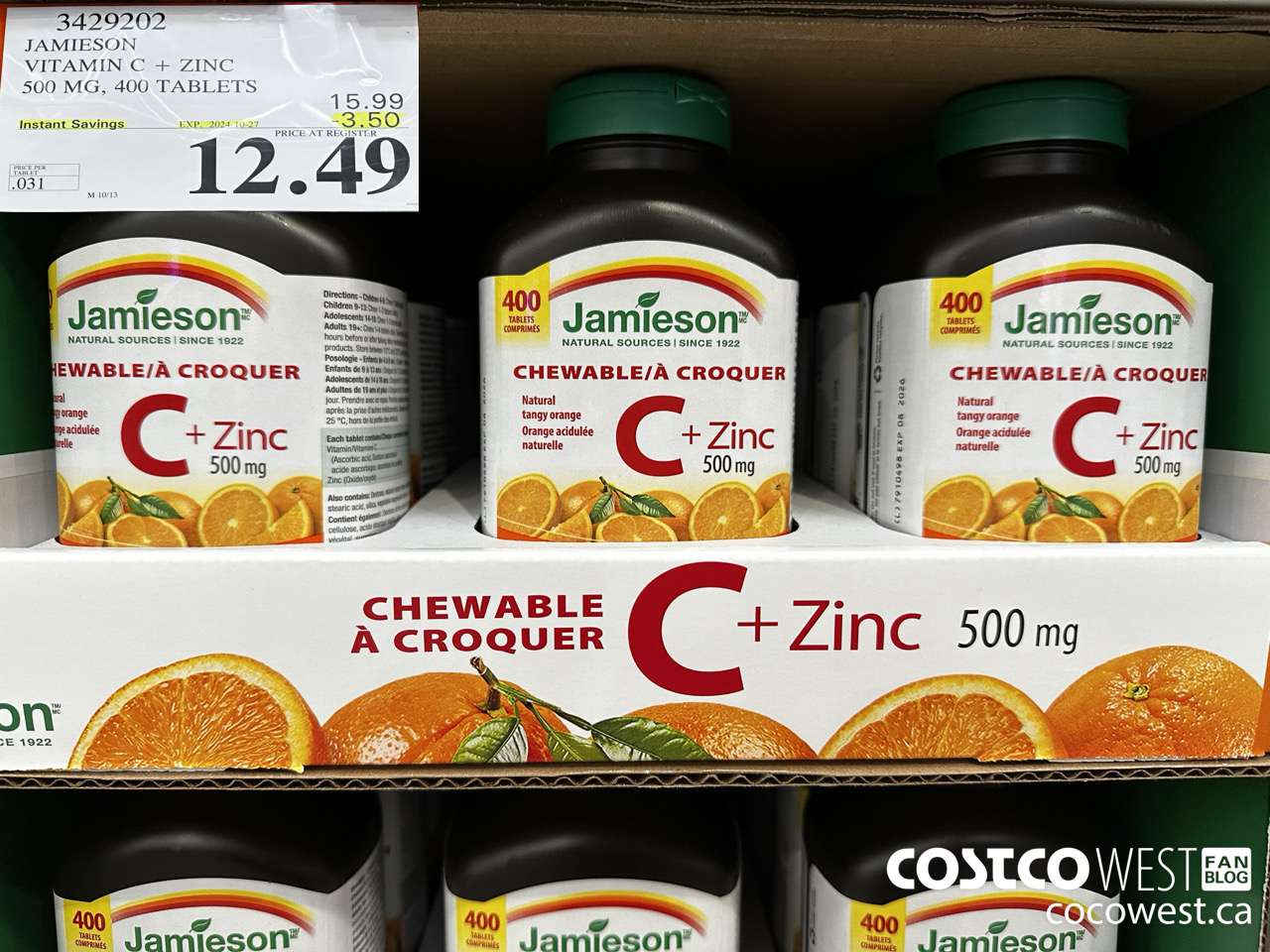3429202 JAMIESON VITAMIN C+ZINC 500MG 400 TABLET ($3.50 INSTANT SAVINGS EXPIRES ON 2024-10-27) $12.49