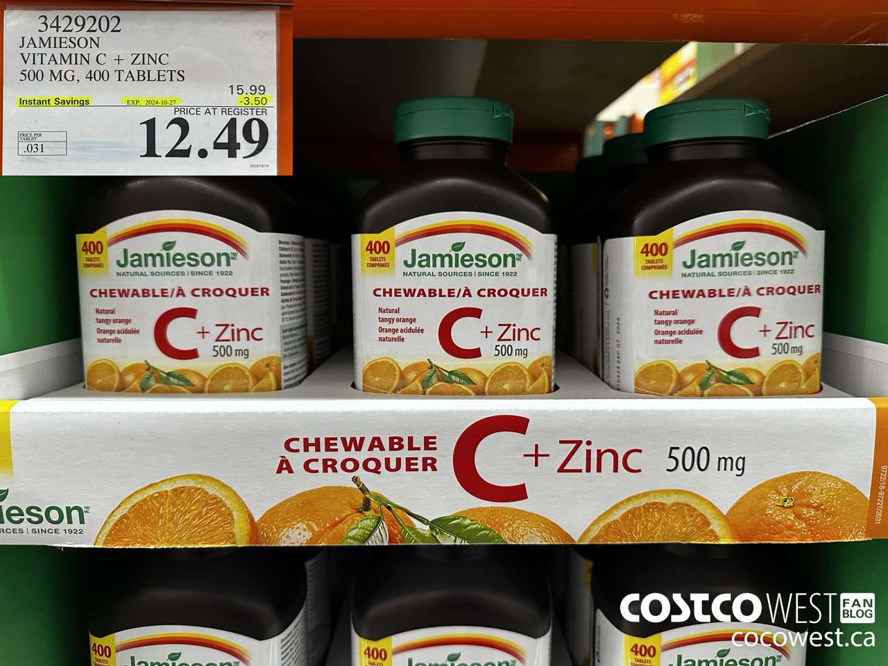 3429202 JAMIESON VITAMIN C+ZINC 500MG 400 TABLET ($3.50 INSTANT SAVINGS EXPIRES ON 2024-10-27) $12.49