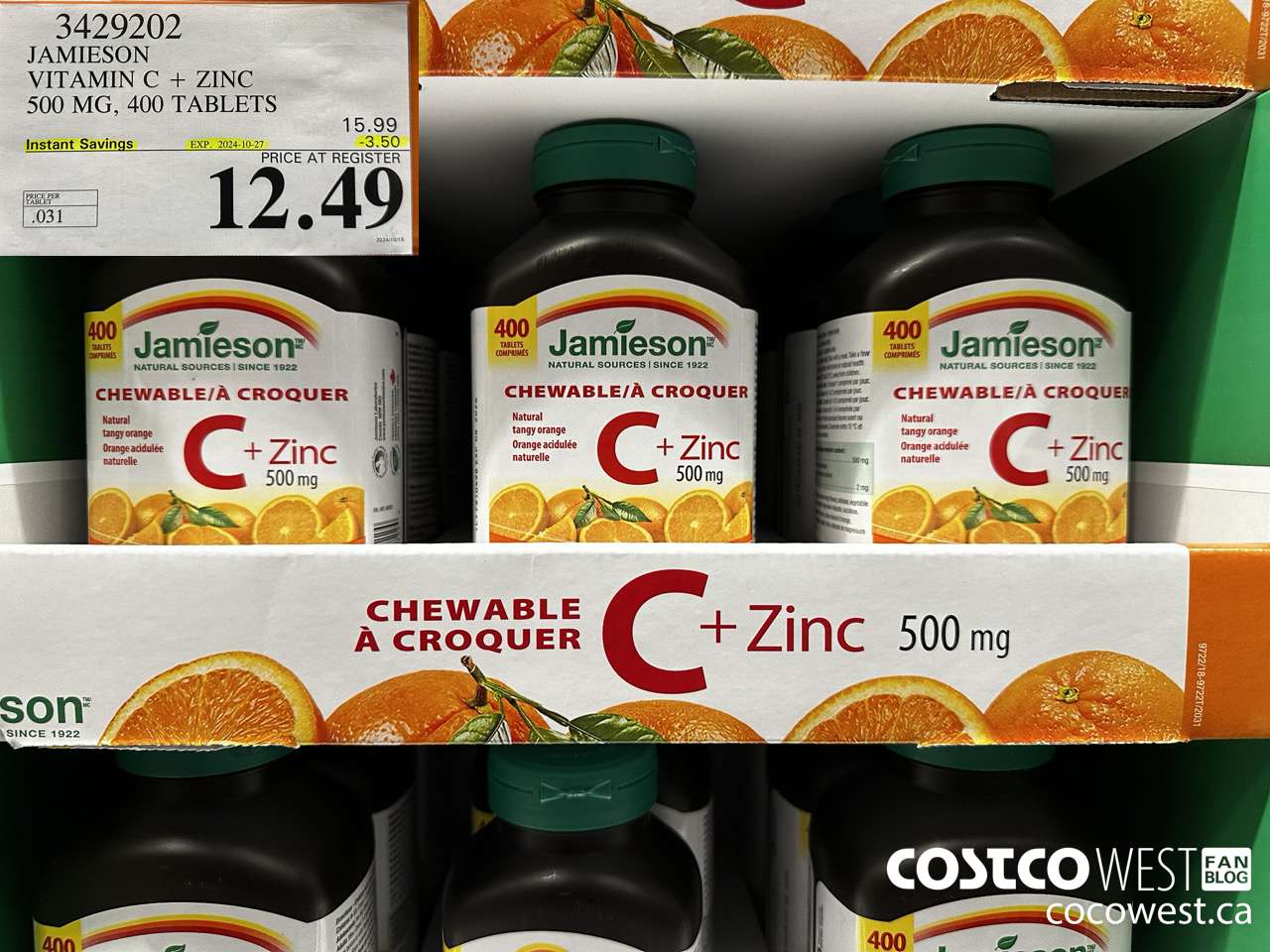 3429202 JAMIESON VITAMIN C+ZINC 500MG 400 TABLET ($3.50 INSTANT SAVINGS EXPIRES ON 2024-10-27) $12.49