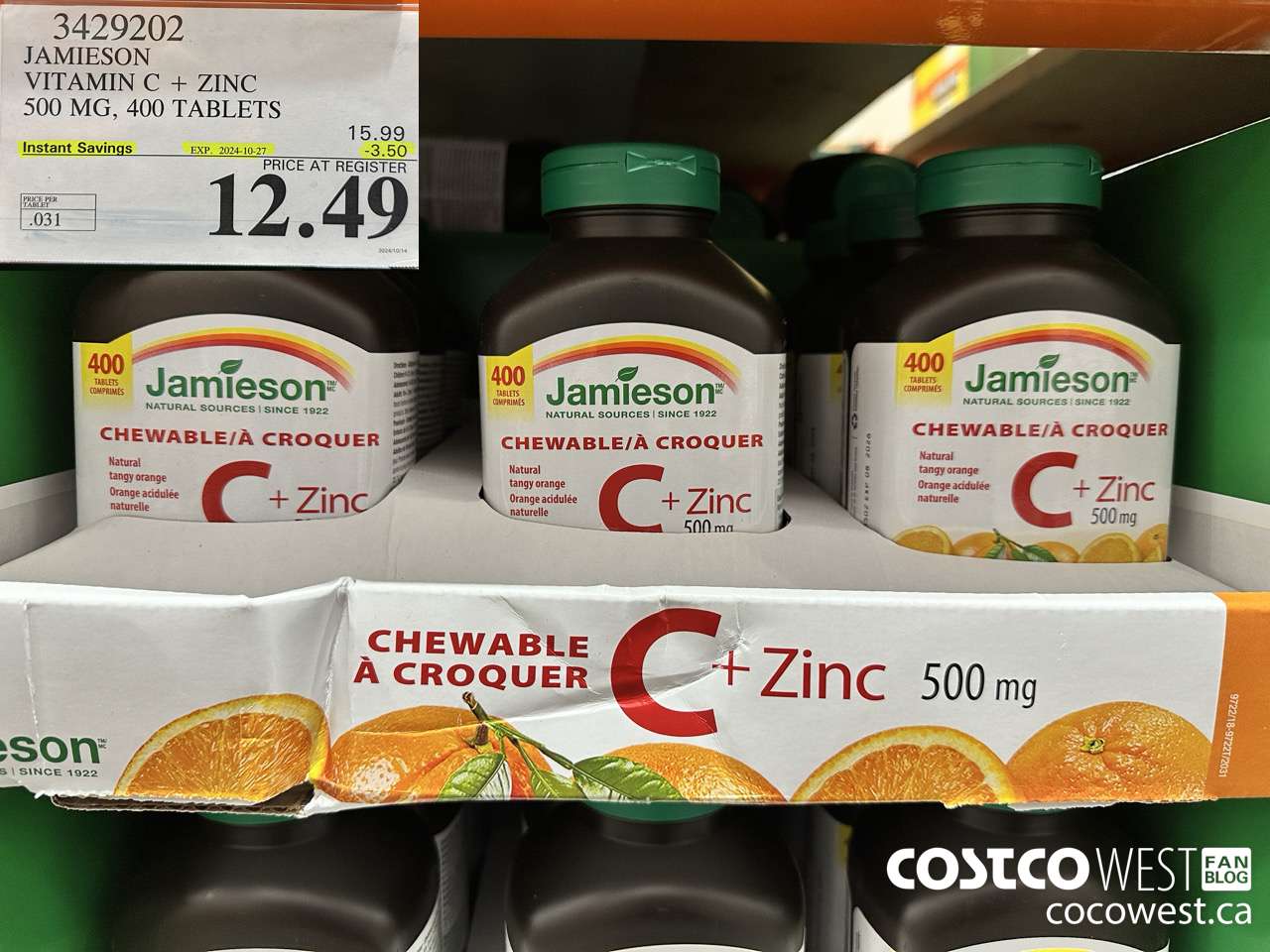 3429202 JAMIESON VITAMIN C+ZINC 500MG 400 TABLET ($3.50 INSTANT SAVINGS EXPIRES ON 2024-10-27) $12.49