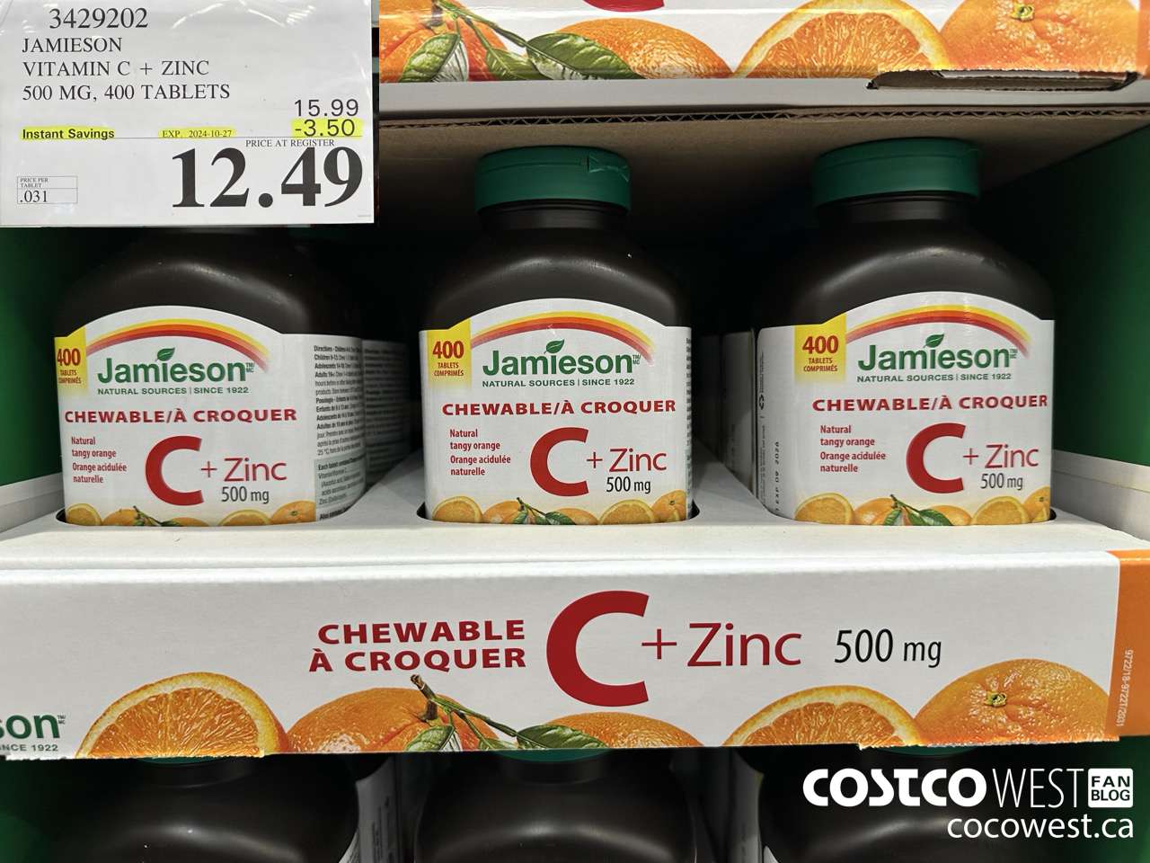 3429202 JAMIESON VITAMIN C+ZINC 500MG 400 TABLET ($3.50 INSTANT SAVINGS EXPIRES ON 2024-10-27) $12.49