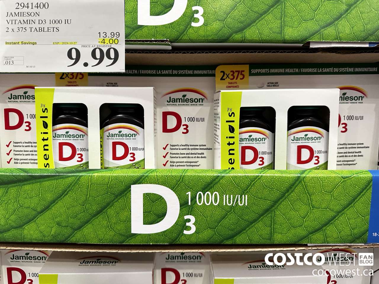 2941400 JAMIESON VITAMIN D3 1000IU 2X375 TABLETS ($4.00 INSTANT SAVINGS EXPIRES ON 2024-10-27) $9.99