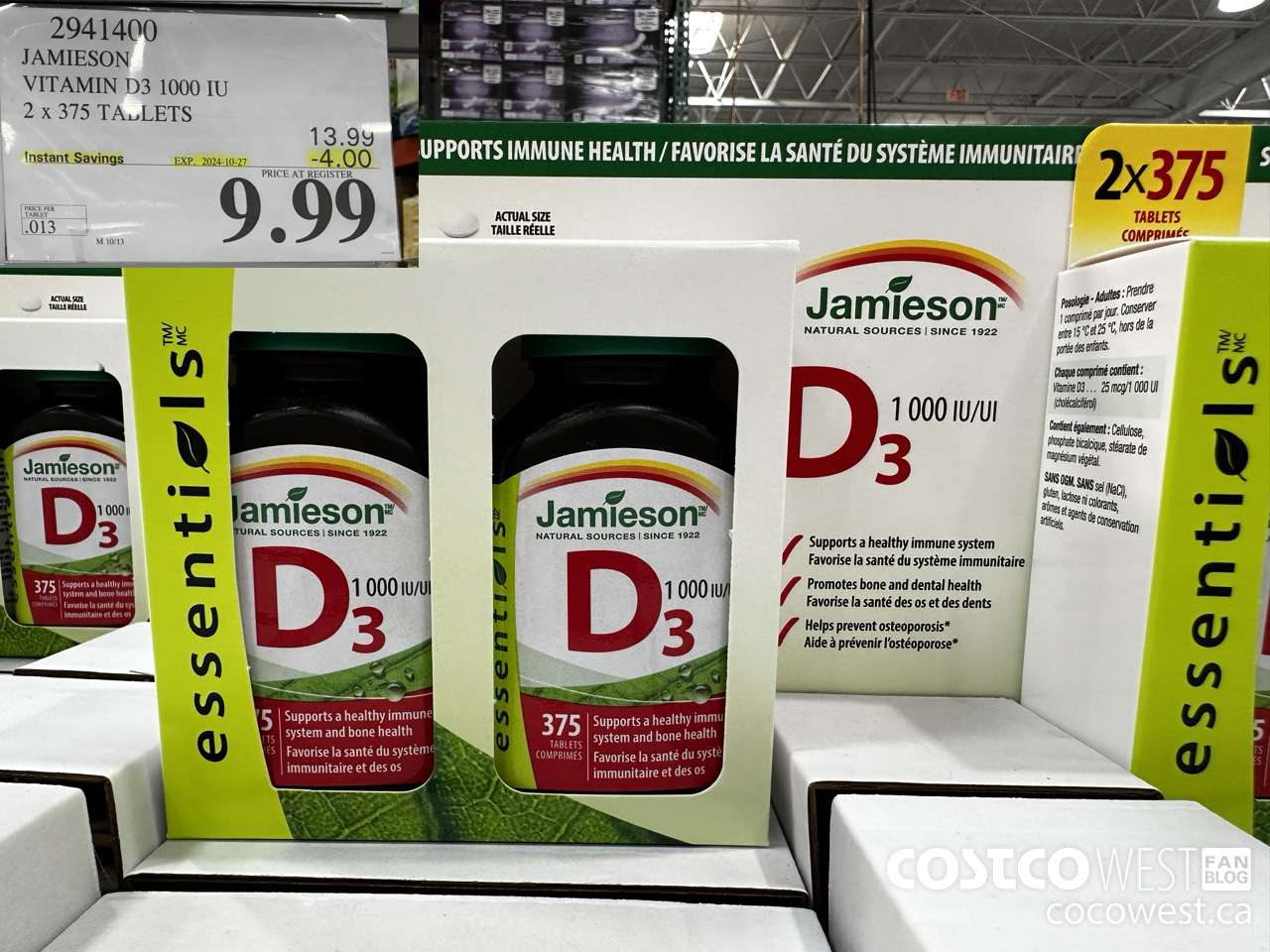 2941400 JAMIESON VITAMIN D3 1000IU 2X375 TABLETS ($4.00 INSTANT SAVINGS EXPIRES ON 2024-10-27) $9.99