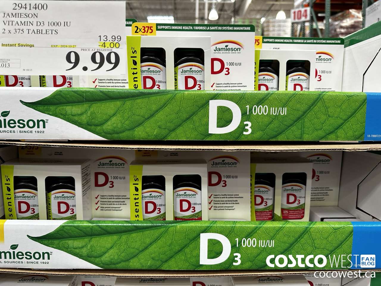 2941400 JAMIESON VITAMIN D3 1000IU 2X375 TABLETS ($4.00 INSTANT SAVINGS EXPIRES ON 2024-10-27) $9.99