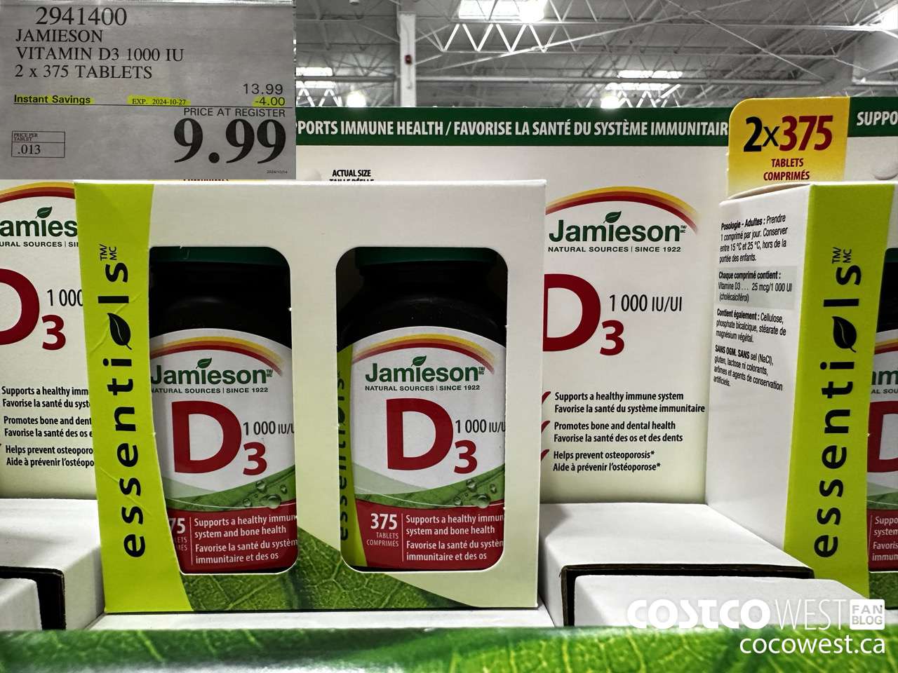 2941400 JAMIESON VITAMIN D3 1000IU 2X375 TABLETS ($4.00 INSTANT SAVINGS EXPIRES ON 2024-10-27) $9.99