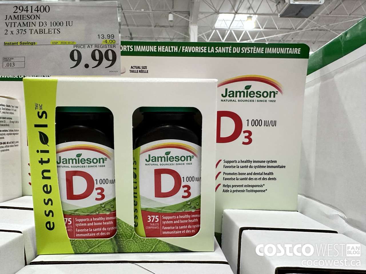 2941400 JAMIESON VITAMIN D3 1000IU 2X375 TABLETS ($4.00 INSTANT SAVINGS EXPIRES ON 2024-10-27) $9.99