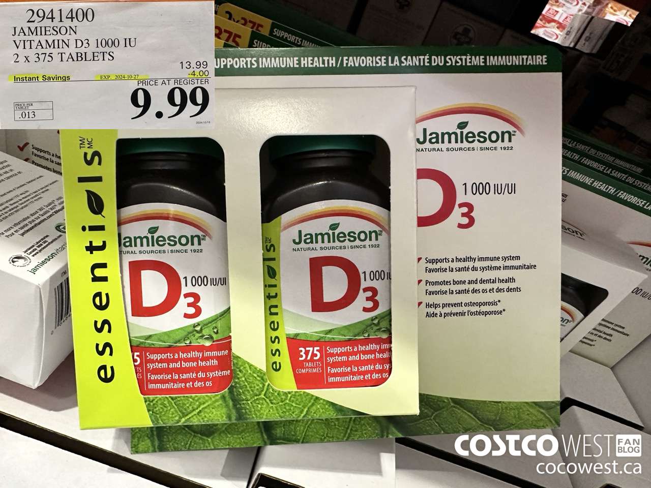2941400 JAMIESON VITAMIN D3 1000IU 2X375 TABLETS ($4.00 INSTANT SAVINGS EXPIRES ON 2024-10-27) $9.99