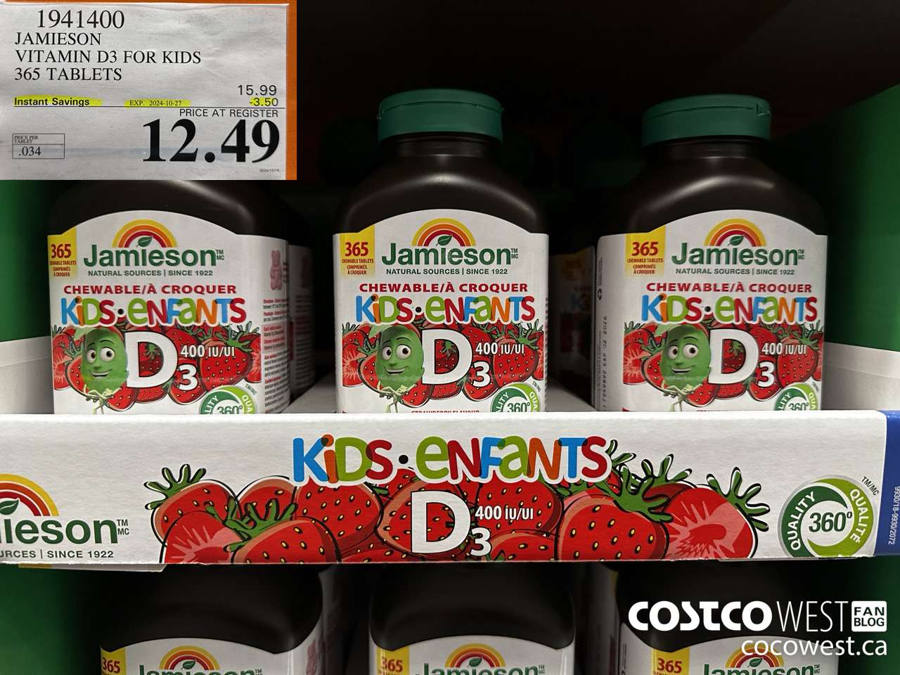 1941400 JAMIESON VITAMIN D3 FOR KIDS 365 TABLETS ($3.50 INSTANT SAVINGS EXPIRES ON 2024-10-27) $12.49