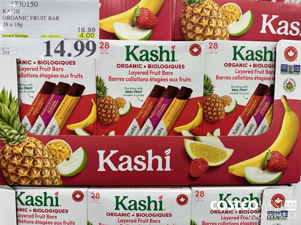 1730150 KASHI ORGANIC FRUIT BAR 28 X 18G ($4.00 INSTANT SAVINGS EXPIRES ON 2024-10-27) $14.99