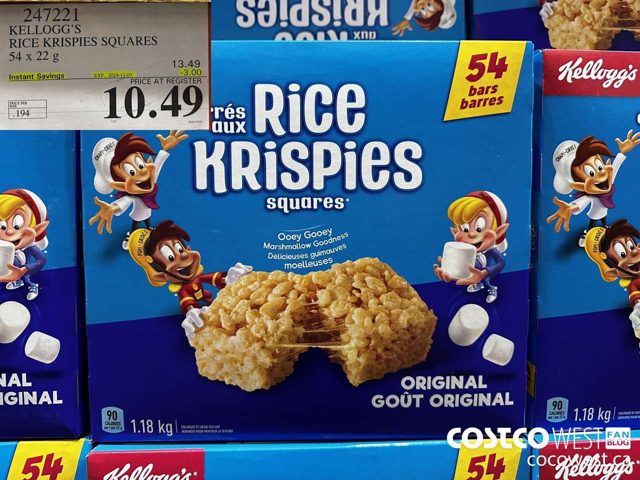 247221 KELLOGG'S RICE KRISPIES SQUARES 54 X 22 G ($3.00 INSTANT SAVINGS EXPIRES ON 2024-11-03) $10.49