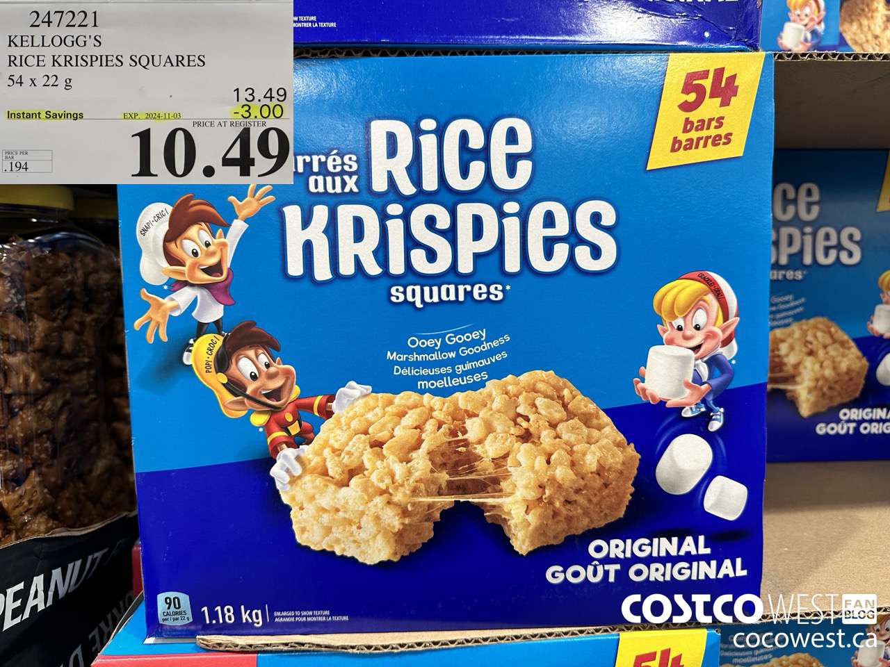 247221 KELLOGG'S RICE KRISPIES SQUARES 54 X 22 G ($3.00 INSTANT SAVINGS EXPIRES ON 2024-11-03) $10.49