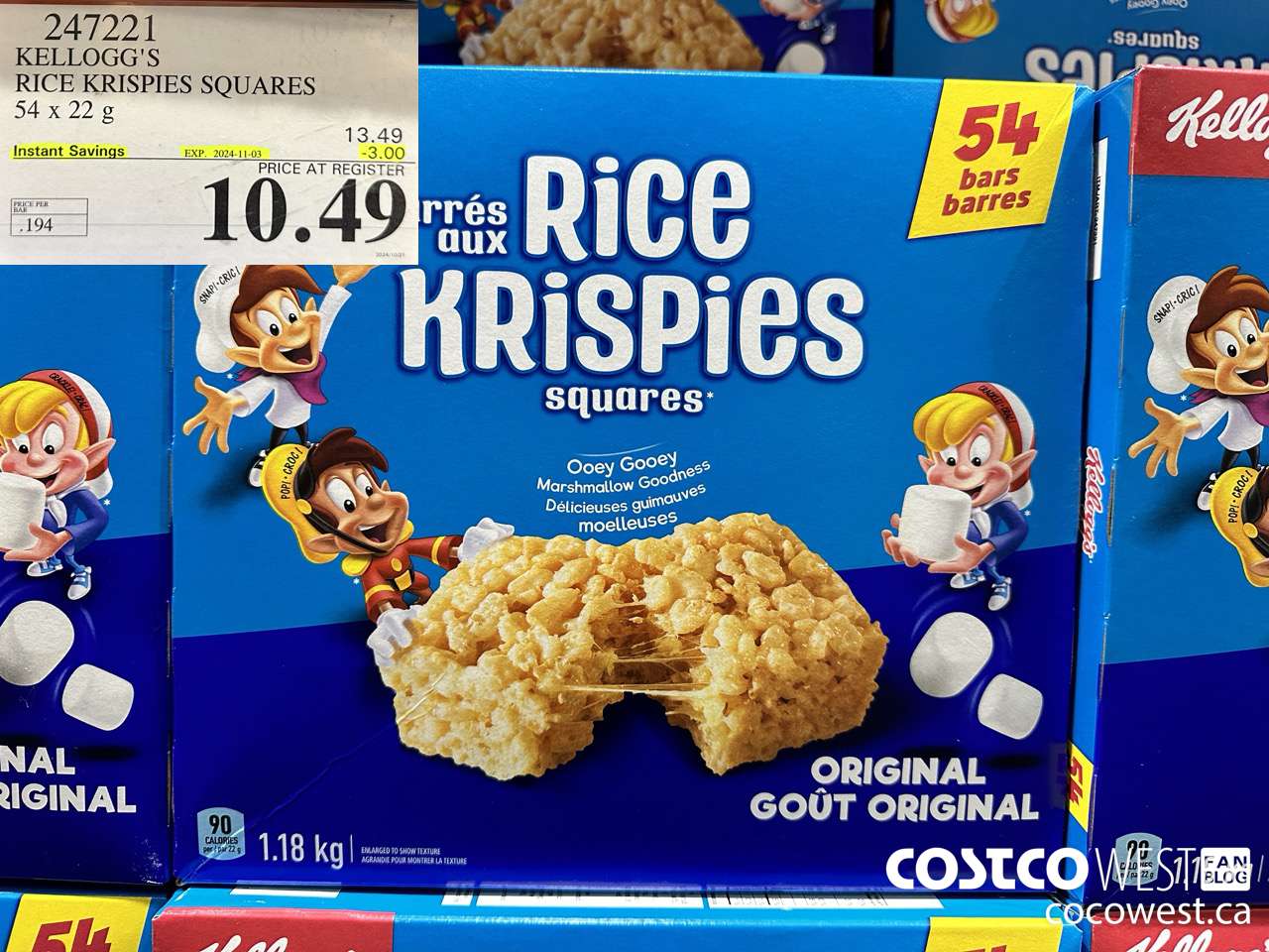 247221 KELLOGG'S RICE KRISPIES SQUARES 54 X 22 G ($3.00 INSTANT SAVINGS EXPIRES ON 2024-11-03) $10.49