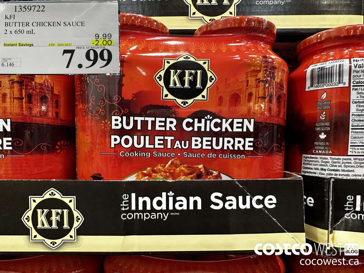 1359722 KFI BUTTER CHICKEN SAUCE 2 x 650 mL ($2.00 INSTANT SAVINGS EXPIRES ON 2024-10-27) $7.99
