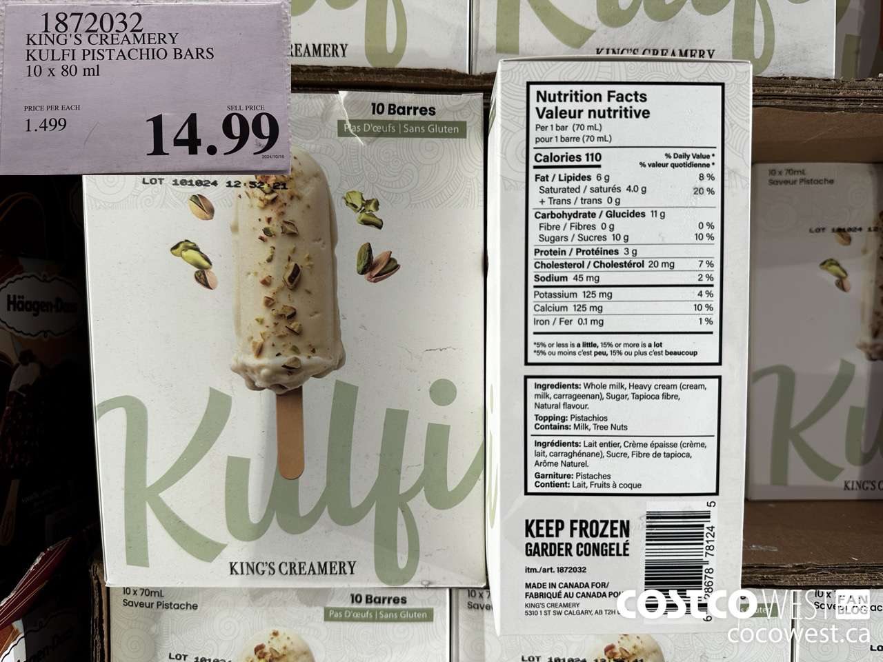 1872032 KING'S CREAMERY KULFI PISTACHIO BARS 10 X 80ML $14.99