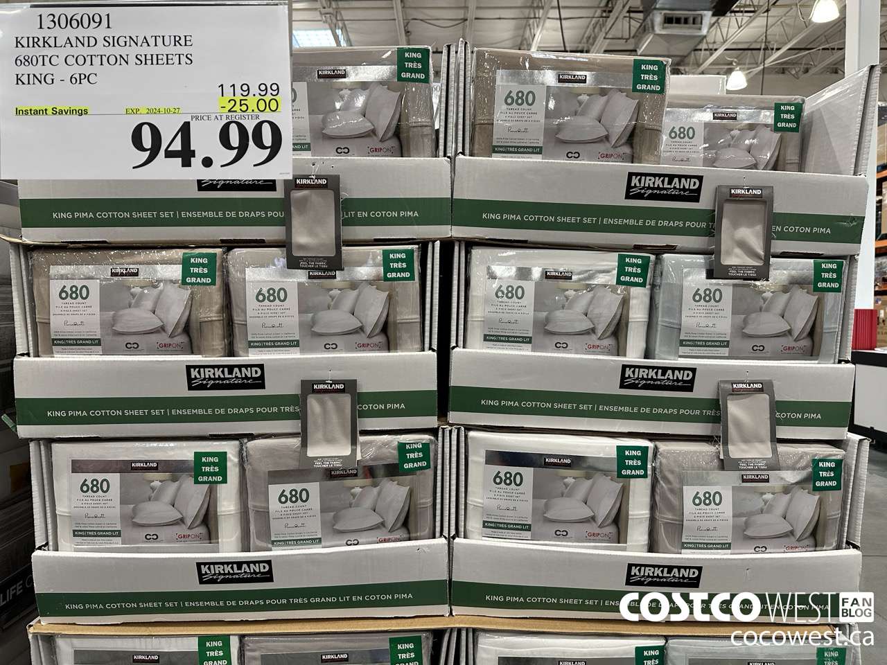 1306091 KIRKLAND SIGNATURE 680TC COTTON SHEETS KING 6PC ($25.00 INSTANT SAVINGS EXPIRES ON 2024-10-27) $94.99