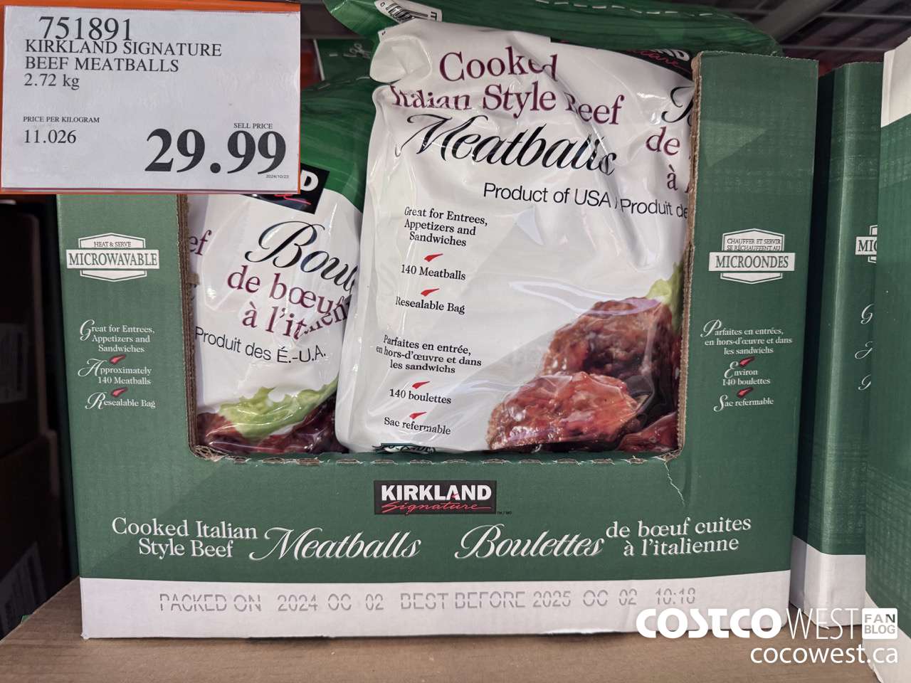 751891 KIRKLAND SIGNATURE BEEF MEATBALLS 2.72 kg $29.99