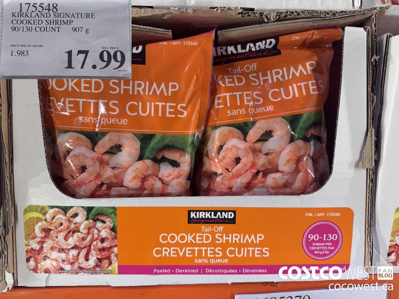 175548 KIRKLAND SIGNATURE COOKED SHRIMP 90/130 COUNT 907 g $17.99