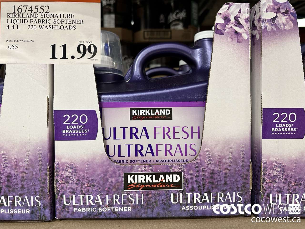 1674552 KIRKLAND SIGNATURE LIQUID FABRIC SOFTENER 4.4 L 220 WASHLOADS $11.99