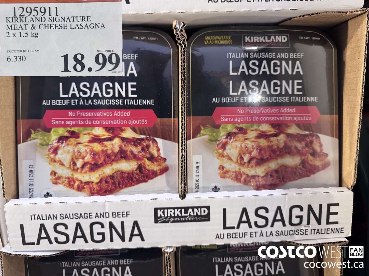 1295911 KIRKLAND SIGNATURE MEAT & CHEESE LASAGNA 2 X 1.5KG $18.99