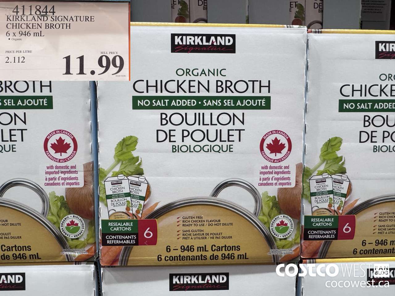 411844 KIRKLAND SIGNATURE ORGANIC CHICKEN BROTH 6 x 946 mL $11.99