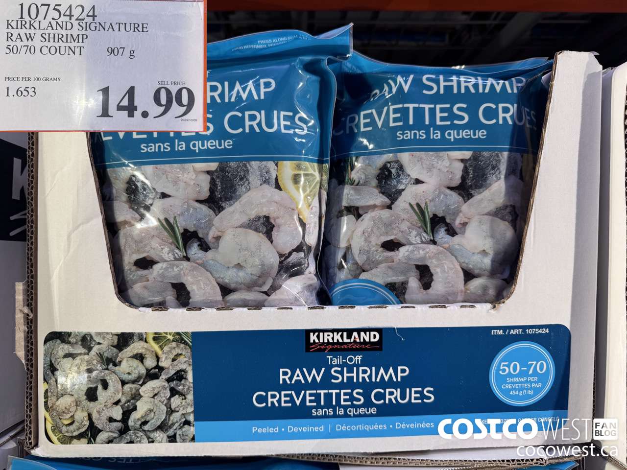1075424 KIRKLAND SIGNATURE RAW SHRIMP 50/70 COUNT 907G $14.99