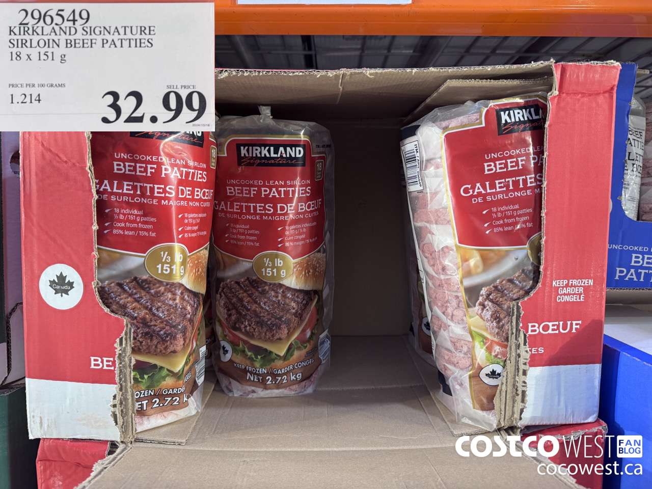 296549 KIRKLAND SIGNATURE SIRLOIN BEEF PATTIES 18 x 151 g $32.99